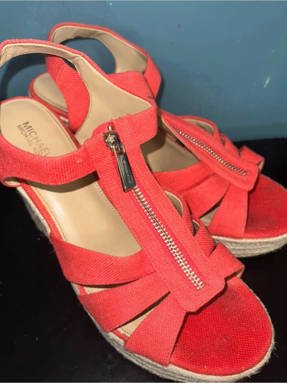 Michael Kors Coral Red Espadrille Wedge Sandals with Front Zipper